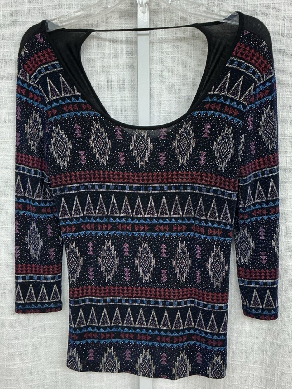 Black Aztec Beaded Print Scoop Neck Top with Pink & Blue Accents